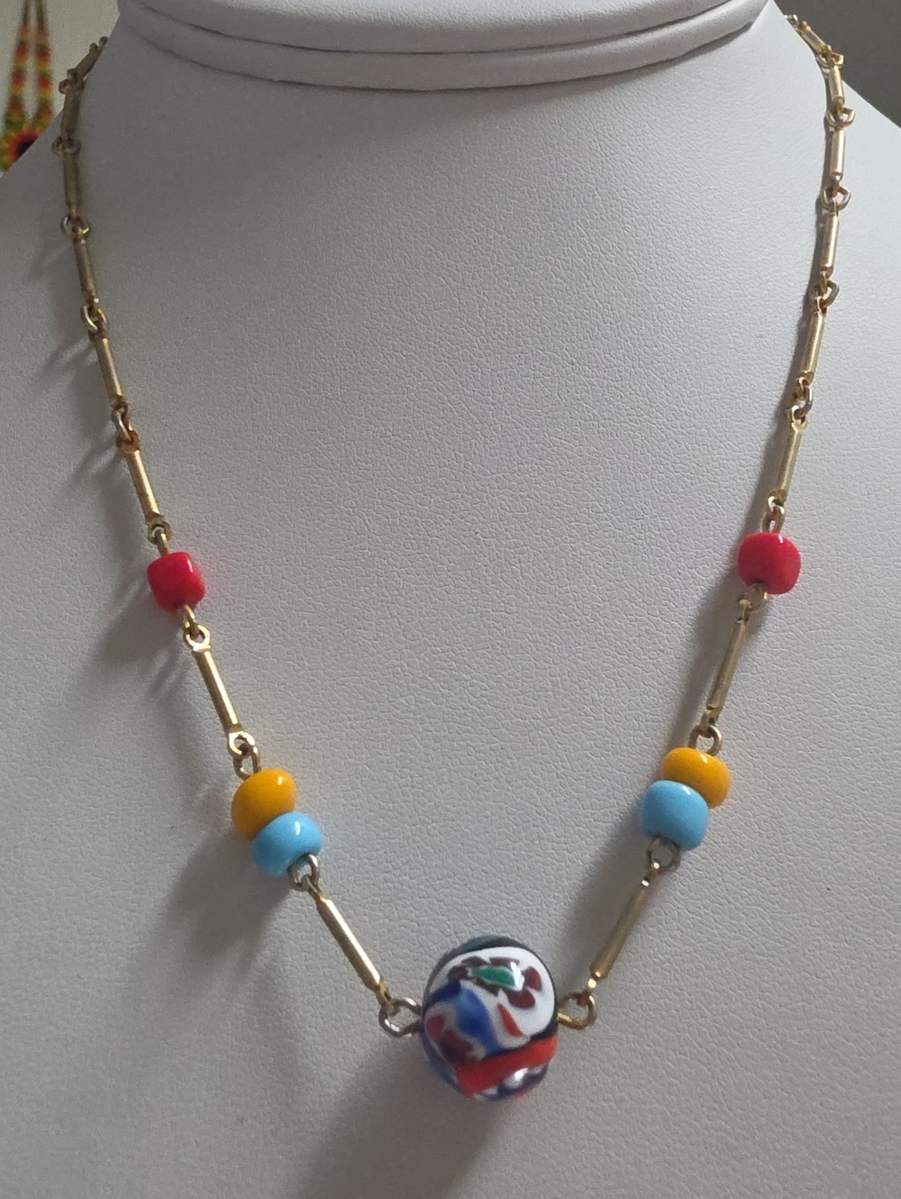 Vintage Glass Beaded Necklace with Multicolor Millefiori Focal Bead